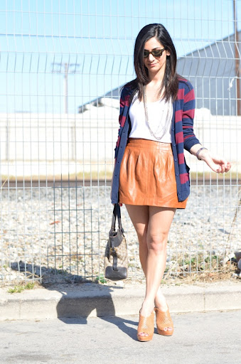 zara leather skirt, forever 21 striped cardigan, pour la victoire, gucci