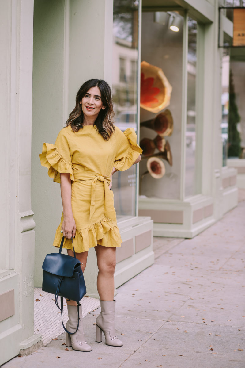 How to style chartreuse dress outfit ideas with mid calf boots